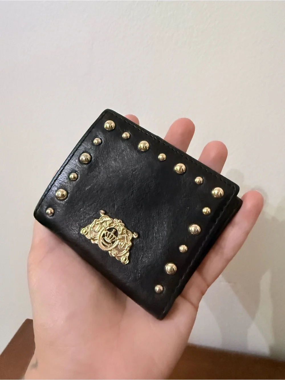 Y2K Juicy Couture Black Leather Gold Studded Logo Charm Bifold Wallet Edgy Punk